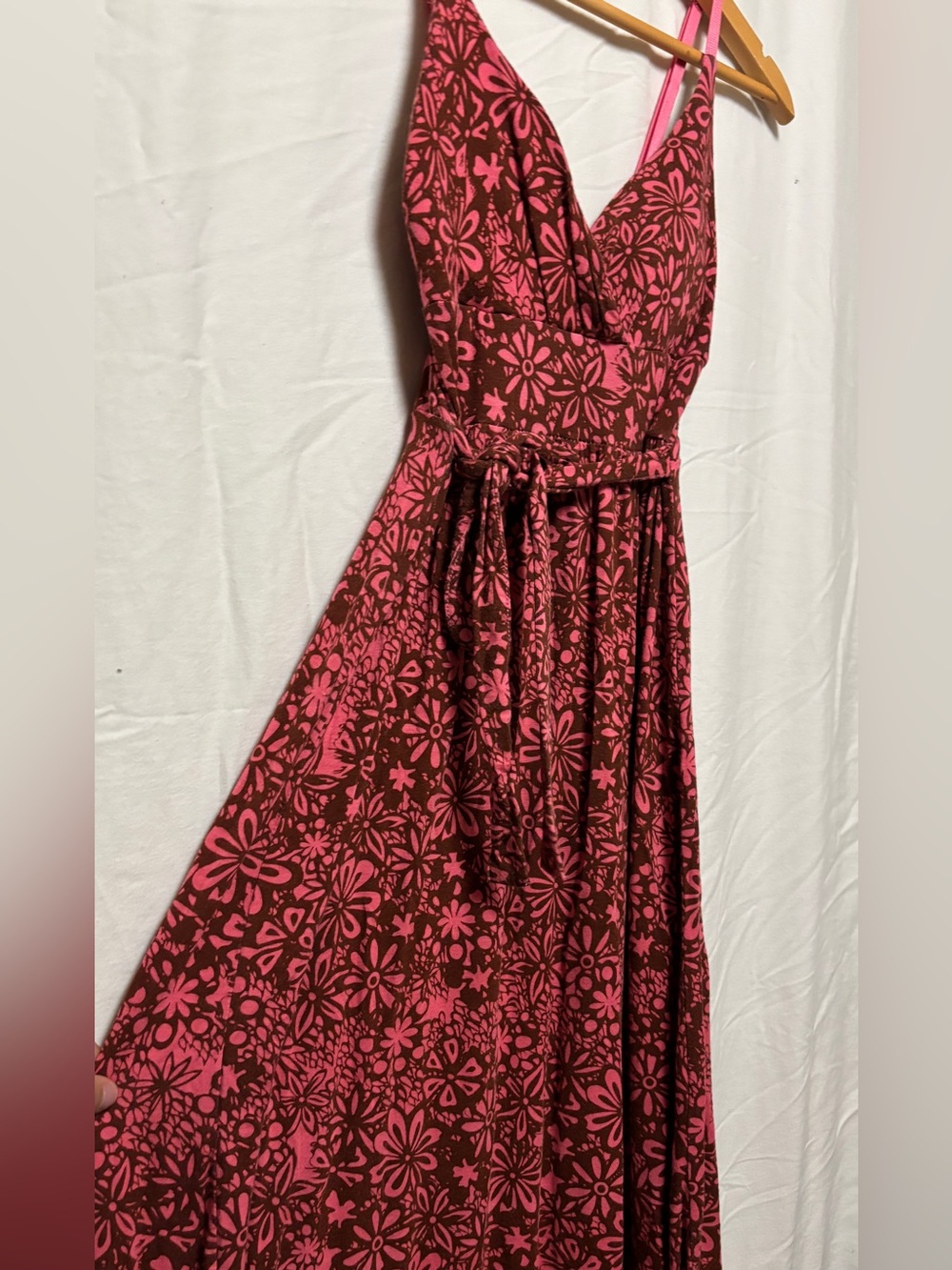 Planet Gold floral pink and brown spaghetti strap tie waist maxi dress
